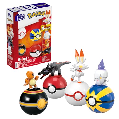 MEGA Pokémon Feuer-Typ Trainerteam - 4 bewegliche Pokémon mit Pokébällen, inklusive Lichtel, Glumanda, Hopplo und Molunk, für Kinder ab 6 Jahren, HTJ06 von MEGA WONDER POKEMON