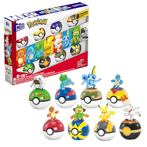 MEGA Pokémon Trainerteam - Pikachu, Bisasam, Glumanda, Schiggy, Hopplo, Chimpep, Memmeon und Wolly und 8 Pokébällen zum Ausstellen, für Kinder ab 6 Jahren, HTJ75 von Mega Brands