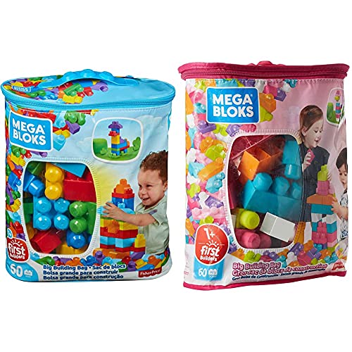 MEGA Bloks DCH55 - Bausteinebeutel Medium, 60 Teile, grundfarben & DCH54 - Bausteinebeutel Medium, 60 Teile, pinkfarben von Mega Brands