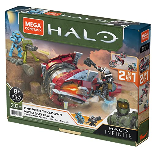 MEGA Halo Infinite Spielzeugfahrzeug-Bausets, Chopper Takedown Motorrad mit 2 beweglichen Mikro-Actionfiguren zum Sammeln und Zubehör von Mega Brands