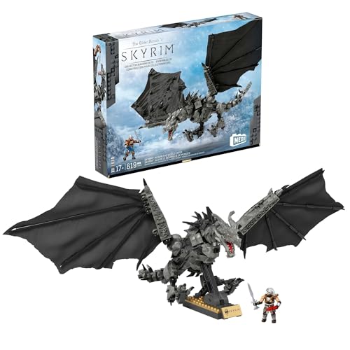 MEGA Skyrim Actionfigur Bauspielzeug, Alduin der Weltenfresser mit 619 Teilen, mit 1 Dragonborn-Figur, für Sammler, HXR98 von Mega Brands