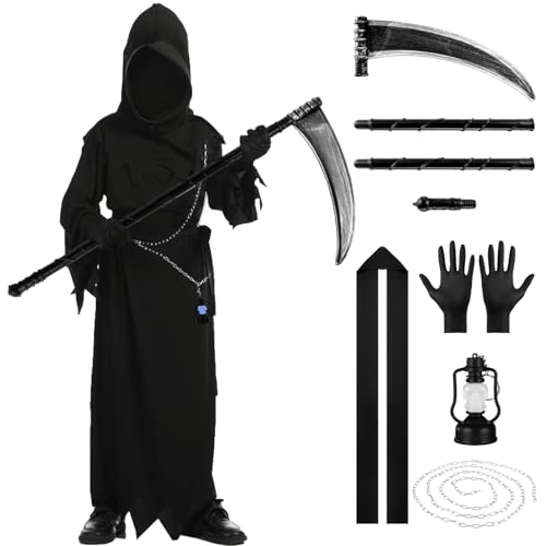 MEGETGOD Sensenmann-Kostüm, Halloween-Kostüm, schwarzer Umhang mit Kapuze, Sensenmann, 2 m Kette, Mini-Handschuhe, Masken-Set für Cosplay, Outfits, Partykleid für Damen und Herren, 6 Stück MEGETGOD Sensenmann-Kostüm, Halloween-Kostüm, schwarzer Umhang mit Kapuze, Sensenmann, 2 m Kette, Mini-Handschuhe, Masken-Set für Cosplay, Outfits, Partykleid für Damen und Herren, 6 Stück von MEGETGOD