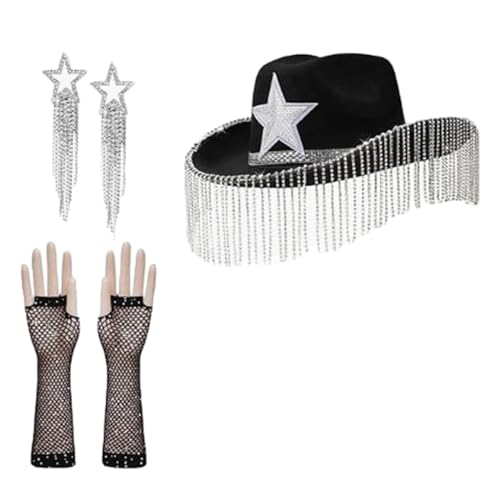 Cowboy-Kostüm-Set mit Strass, Western-Kostüm, breite Krempe, Stern, Zylinder, Armärmel, Ohrringe, Erwachsene, Cosplay, Party-Zubehör, 3 Stück von MEIBAOGE