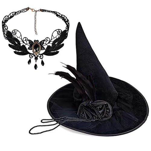 Hexenhut und Strass Halskette Set Damen Halloween Hut Rosen Deko Hut für Mottoparty und Feier von MEIBAOGE