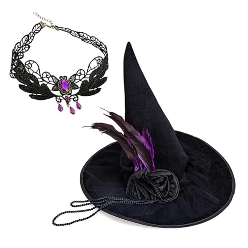 Hexenhut und Strass Halskette Set Damen Halloween Hut Rosen Deko Hut für Mottoparty und Feier von MEIBAOGE