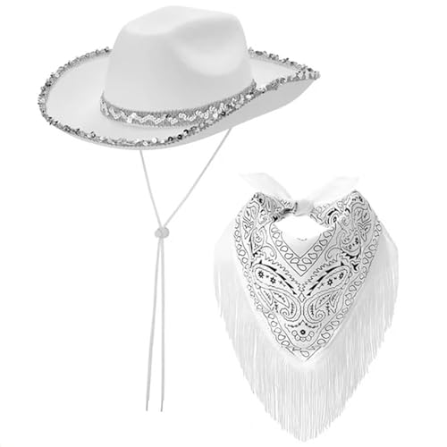 MEIBAOGE Cowgirl-Hut + Bandana-Set, eleganter Quasten-Schal, Musik-Festival, Party, Hut, Rapper, Club, Livehouse, Kostüm, Rollenspiel MEIBAOGE Cowgirl-Hut + Bandana-Set, eleganter Quasten-Schal, Musik-Festival, Party, Hut, Rapper, Club, Livehouse, Kostüm, Rollenspiel von MEIBAOGE