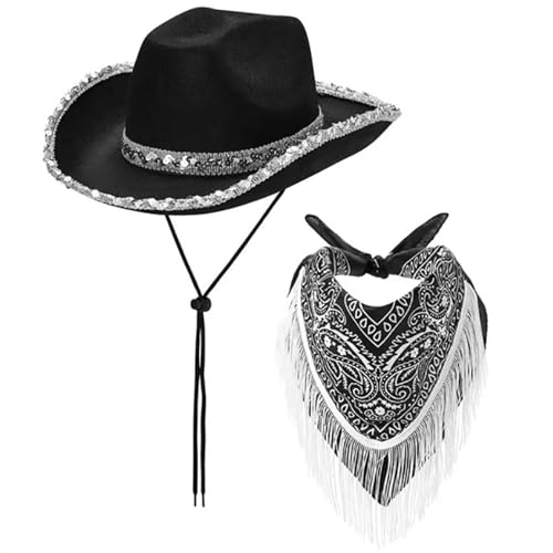 MEIBAOGE Cowgirl-Hut + Bandana-Set, eleganter Quastenschal, Musik-Festival, Partyhut, Rapper, Club, Livehouse-Kostüm, Rollenspiel, Schwarz MEIBAOGE Cowgirl-Hut + Bandana-Set, eleganter Quastenschal, Musik-Festival, Partyhut, Rapper, Club, Livehouse-Kostüm, Rollenspiel, Schwarz von MEIBAOGE