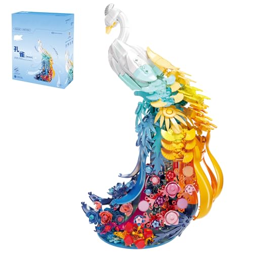 MEIEST Blumen Pfau Bausteine Set,Pfau mit bunten Schwanzfedern Partikel BAU Ziegel Spielzeug,Kreative Wohndekoration von MEIEST