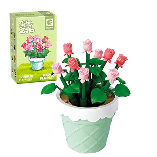 MEIEST Blumen Sukkulenten Bonsai Baustein Set, Mini künstliche Partikelblume botanische Sammlung Baustein Spielzeug, Heimdekoration,6+(Rose) von MEIEST