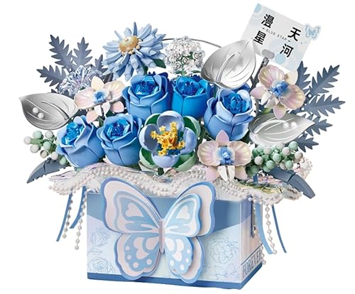 MEIEST Blumenstrauß Bausteine Modell Set,Simulation Künstliche Rose Bonsai Pflanze Gebäude Ziegel Spielzeug,Handheld Geschenkbox Home Decor (Blauer Schmetterling) von MEIEST
