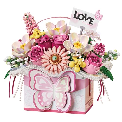 MEIEST Blumenstrauß Bausteine Modell Set,Simulation Künstliche Rose Bonsai Pflanze Gebäude Ziegel Spielzeug,Handheld Geschenkbox Home Decor (Rosa Schmetterling) von MEIEST