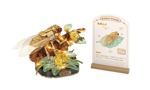 MEIEST Insekten Blume Bausteine Set,Bunte Bausteine Spielzeug mit Einer Wissenschaft Popularisierung Karte,Kreative Heimdekoration (Goldene Zikade) von MEIEST