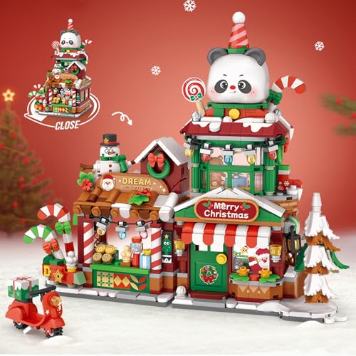 MEIEST Mini Weihnachten Stadtgeschäft Straßenblick Bausteine Set,Simulation Faltbare Architektur Sammlung BAU Bausteine Spielzeug,Heimdekor (Panda Weihnachtsgeschäft) von MEIEST
