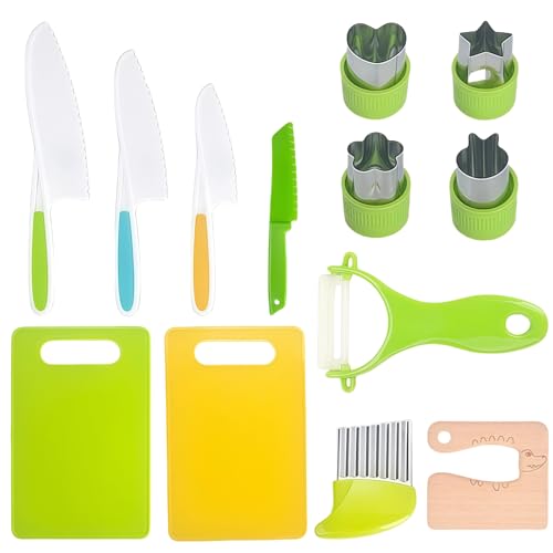 babykindwelt mini kochset MiniKoch 13-teiliges Montessori Kinder Küchenmesser Set – Sicheres Kochen für Kinder ab 2 Jahren mit Gemüse-Ausstechformen, Holzmesser & Schneidebrett von MEIION