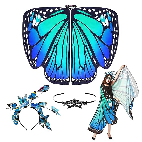 MEIRRAI Schmetterlingsflügel Erwachsene Faschingskostüme Schmetterling Umhang Flügel Kostüm Damen Schal Poncho mit Spitze Maske Schwarz, Bug Stirnband Blau für Halloween Karneval Party Cosplay von MEIRRAI