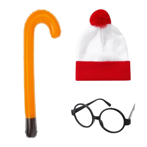 MEISH 3-teiliges Waly-Kostüm-Set, Beanie-Mütze, schwarze Brille, aufblasbare Krücken, rot und weiß gestreift, Zubehör, Cosplay, Verkleidung für Halloween-Party von MEISH