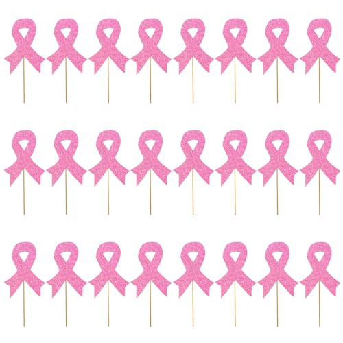 MEISH Cupcake-Topper für Brustkrebs-Bewusstsein, rosa Schleife, Cupcake-Topper, Glitzer, Cupcake-Dekorationen, Zubehör für Gesundheit, rosa Schleife, Party-Kuchendekorationen, 24 Stück von MEISH