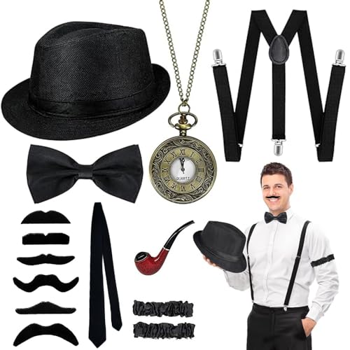 20er Jahre Accessoires Herren,20er Jahre Kostüm Herren,Peaky Blinders Kostüm,Mafia Kostüm Herren,1920er Herren Outfit mit Verstellbar Elastisch Hosenträger,Gangster Kostüm Herren für Karneval Partys von MEISHANG