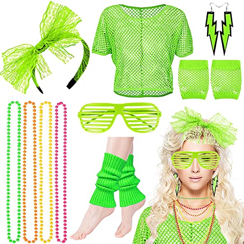 MEISHANG 80er Jahre Outfit Damen,Netzoberteil Damen 80er,Netzshirt Damen 80er,Neon Oberteile Damen Set,Kostüm 80er Jahre Damen Nena,Neon Netz Shirt Damen,Netzhandschuhe,Netz Shirt Damen Neon 80er von MEISHANG