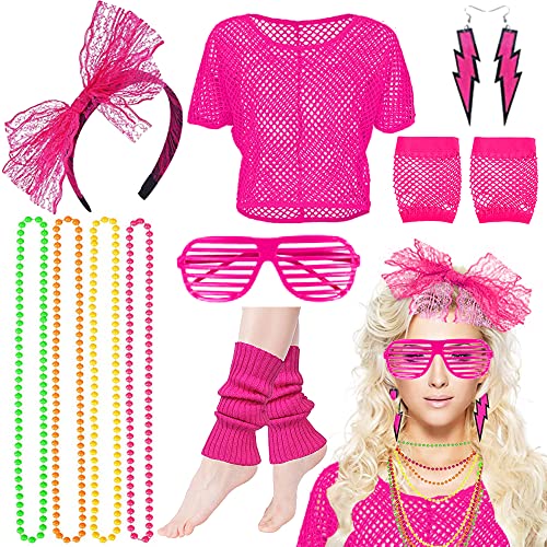 MEISHANG 80er Jahre Outfit Damen,Netzoberteil Damen 80er,Netzshirt Damen 80er,Neon Oberteile Damen Set,Kostüm 80er Jahre Damen Nena,Neon Netz Shirt Damen,Netzhandschuhe,Netz Shirt Damen Neon 80er von MEISHANG