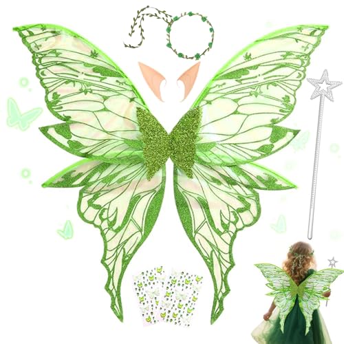 MEISHANG Feenflügel Erwachsene,Elfen Flügel mit Elfenöhren,Feen Flügel Set,Blumen - Stirnband,Sterne Feenstäbe und Aufkleber,Ideal für Cosplay,Partys und Verkleidung(Grün) von MEISHANG