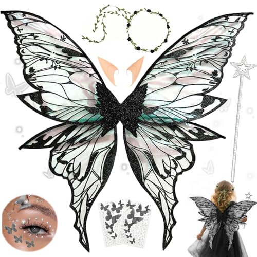 MEISHANG Feenflügel Erwachsene,Elfen Flügel mit Elfenöhren,Feen Flügel Set,Blumen - Stirnband,Sterne Feenstäbe und Aufkleber,Ideal für Cosplay,Partys und Verkleidung (Schwarz) von MEISHANG