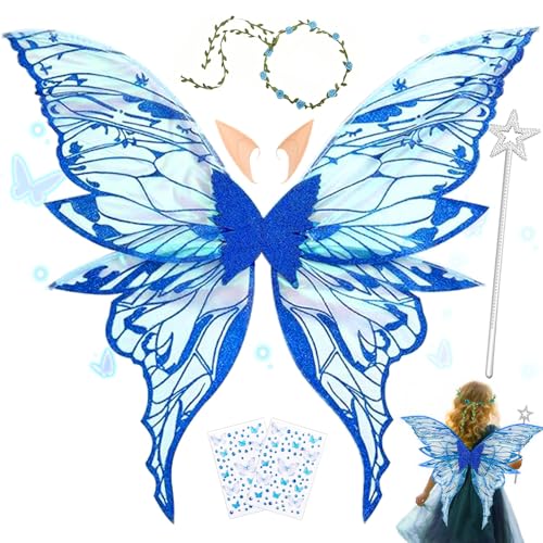 MEISHANG Feenflügel Erwachsene,Elfen Flügel mit Elfenöhren,Feen Flügel Set,Blumen - Stirnband,Sterne Feenstäbe und Aufkleber,Ideal für Cosplay,Partys und Verkleidung (Blau) von MEISHANG
