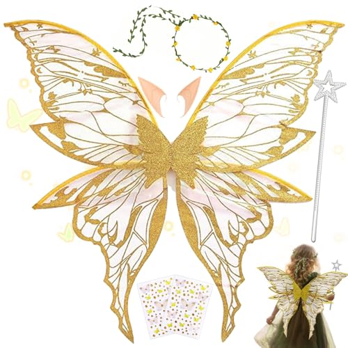 MEISHANG Feenflügel Erwachsene,Elfen Flügel mit Elfenöhren,Feen Flügel Set,Blumen - Stirnband,Sterne Feenstäbe und Aufkleber,Ideal für Cosplay,Partys und Verkleidung (Gold) von MEISHANG