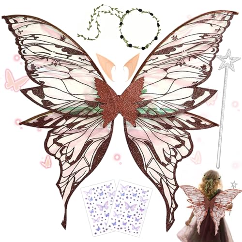 MEISHANG Feenflügel Erwachsene,Elfen Flügel mit Elfenöhren,Feen Flügel Set,Blumen - Stirnband,Sterne Feenstäbe und Aufkleber,Ideal für Cosplay,Partys und Verkleidung (Kaffeefarbe) von MEISHANG