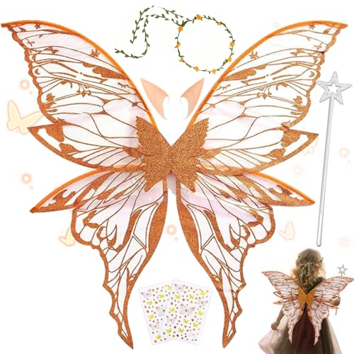 MEISHANG Feenflügel Erwachsene,Elfen Flügel mit Elfenöhren,Feen Flügel Set,Blumen - Stirnband,Sterne Feenstäbe und Aufkleber,Ideal für Cosplay,Partys und Verkleidung (Orange) von MEISHANG