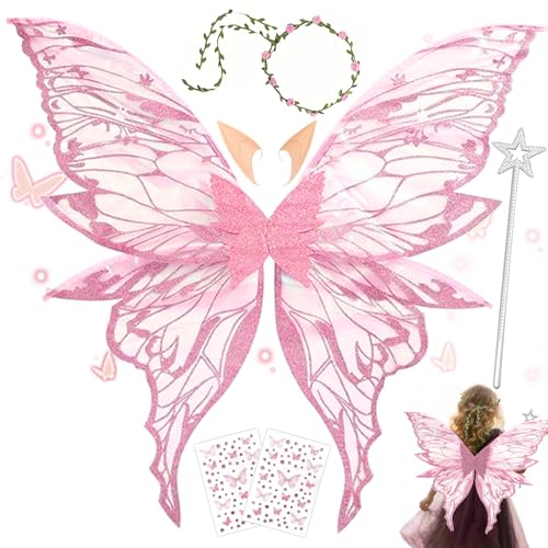 MEISHANG Feenflügel Erwachsene,Elfen Flügel mit Elfenöhren,Feen Flügel Set,Blumen - Stirnband,Sterne Feenstäbe und Aufkleber,Ideal für Cosplay,Partys und Verkleidung (Rosa) von MEISHANG