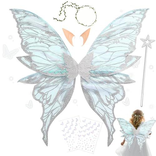 MEISHANG Feenflügel Erwachsene,Elfen Flügel mit Elfenöhren,Feen Flügel Set,Blumen - Stirnband,Sterne Feenstäbe und Aufkleber,Ideal für Cosplay,Partys und Verkleidung (Weiß) von MEISHANG