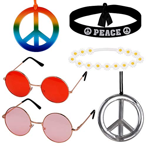 MEJOSER Hippie Accessoires Set Hippie Brille Friedenszeichen Halskette Sonnenblume Krone Haarband 60er Jahre Retro Vintage Zubehörset Damen Herren von MEJOSER