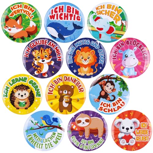 MEJOSER 12 Stück Buttons Anstecker Kinder Tiere Sprüche auf Deutsch Motivation Einschulung Geschenk Mädchen Junge Schultüte Füllung Kindergeburtstag Party Mitgebsel Belohnungen von MEJOSER
