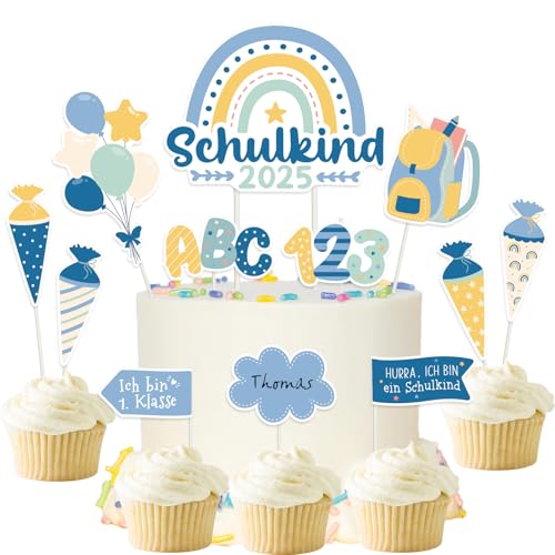 MEJOSER 21 Stück Tortendeko Einschulung Cake Cupcake Topper Schulkind 2025 Torten Kuchen Topper 1. Klasse Mädchen Junge Regenbogen Schultüte Deko Schulanfang Schuleinführung (Blau) von MEJOSER
