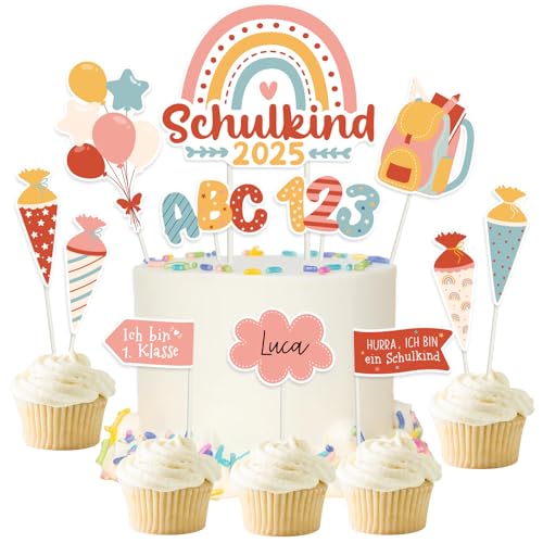 MEJOSER 21 Stück Tortendeko Einschulung Cake Cupcake Topper Schulkind 2025 Torten Kuchen Topper 1. Klasse Mädchen Junge Regenbogen Schultüte Deko Schulanfang Schuleinführung (Rosa) von MEJOSER