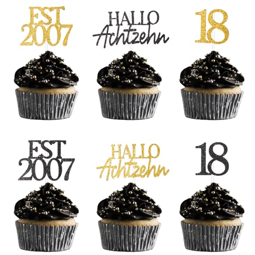 MEJOSER 24 Stück 18. Geburtstag Junge Cupcake Topper mit Glitzer Tortendeko Cake Torten Topper Deko 18 Geburtstag Mädchen Jungs 2007 Geburtstagsdeko Party Schwarz Gold (18) von MEJOSER