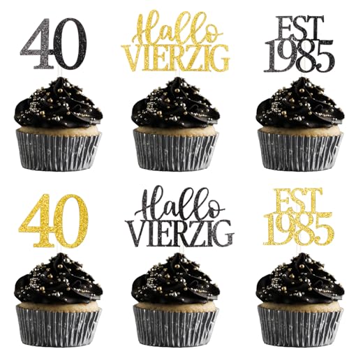 MEJOSER 24 Stück 40 Geburtstag Männer Frauen Cupcake Topper mit Glitzer Tortendeko Cake Torten Topper Deko 40 Geburtstag Mann 1985 40. Geburtstagsdeko Tischdeko Party Schwarz Gold (40) von MEJOSER