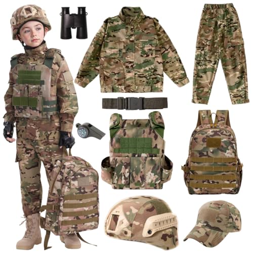Kinder-Taktische Militärausrüstungsset für Rollenspiele, Soldaten-Tarnuniform inklusive Westen, Rucksack, Helm und Fernglas (Wüstenflage, 130Größe) von MELFZDM
