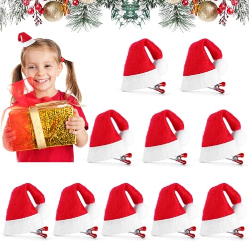 MELLIEX 10 Stück Weihnachten Haarspangen, Mini Weihnachtsmütze Haarklammern Rot Santa Hut Haarschmuck Weihnachts Haarclips für Mädchen Damen von MELLIEX