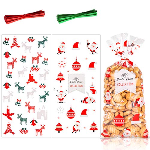 100 Stück Weihnachten Süßigkeiten Tüten, Cellophantüten Plätzchentüten Klarsichttüten mit 200er Twist Krawatten für Bonbon Plätzchen Süßigkeiten von MELLIEX