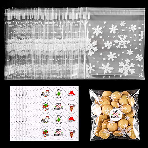 MELLIEX 100 Stück Weihnachten Süßigkeiten Tüten, Selbstklebend Cellophantüten Schneeflocke Plätzchentüten Klarsichttüten mit Weihnachten Aufkleber für Bonbon Plätzchen Süßigkeiten von MELLIEX