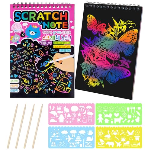 MELLIEX 2 Stück Kratzbilder Set für Kinder, DIY Regenbogen Kratzpapier Bastelset zum Zeichnen und Basteln mit Zeichnung Lineal und Hölzerner Stift von MELLIEX