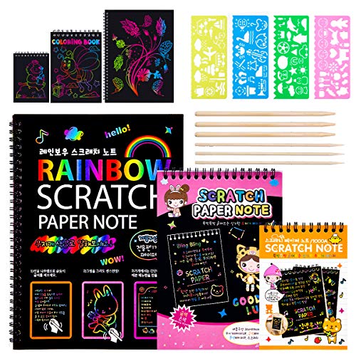 MELLIEX 3 Stück Kratzbilder Notizbuch Set für Kinder, DIY Kratzpapier Bastelset zum Zeichnen und Basteln mit Zeichnung Lineal und Hölzerner Stift von MELLIEX