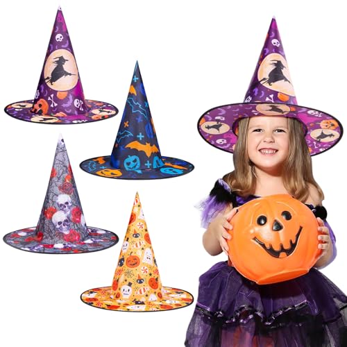 MELLIEX 4 Stück Hexenhut, Halloween Witch Hat mit Muster für Erwachsene Kinder Kostüm Cosplay Zaubererhut von MELLIEX