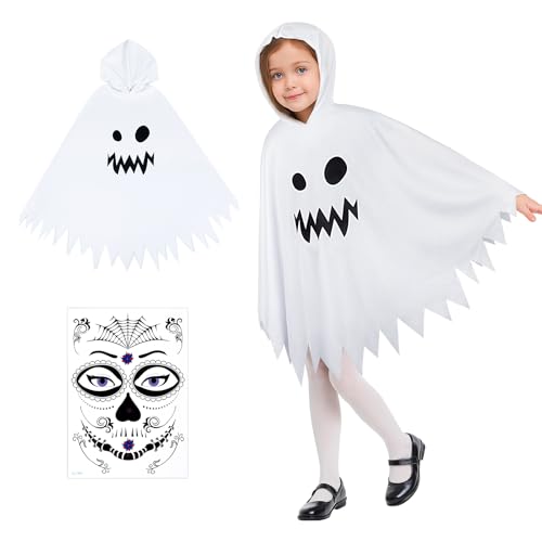 MELLIEX Geist Kostüm Kinder, Weiß Gespenst Kostüm Halloween mit Halloween Tattoo für Mädchen und Jungen von MELLIEX