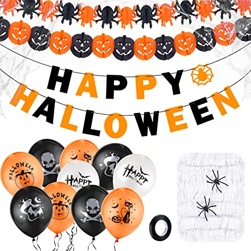 MELLIEX Halloween Deko Set - Halloween Luftballons, Happy Halloween Girlande, Kürbisse und Spinnen Wimpelgirlande, 20g Spinnennetz mit Spinnen für Halloween Deko Kinderparty von MELLIEX