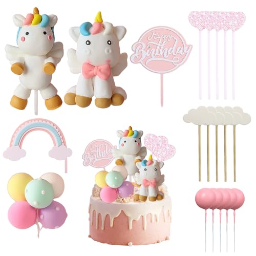 20 Stück Regenbogen-Pferd-Kucheneinsätze, Happy Birthday-Kuchendekoration, Wiederverwendbar, Geburtstagsdekoration für Mädchen und Jungen (Rosa) von MEMOFYND
