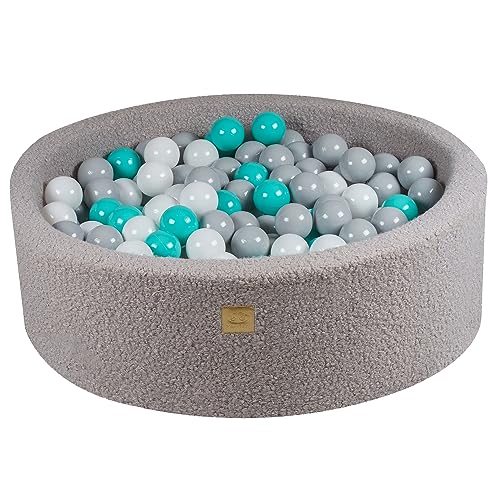 MEOWBABY Bällebad Baby - Rund 90x30cm Ballgruben für Kinder mit 200 Bälle, Boucle, Grau: Weiß/Grau/Türkis von MEOWBABY