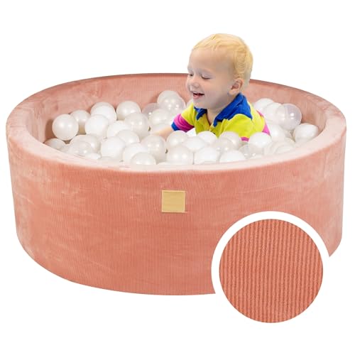 MEOWBABY Bällebad Baby - Rund 90x30cm Baby Pool für Kinder mit 200 Bälle, Kord, Aprikose: Weiß/Perlweiß/Transparent von MEOWBABY